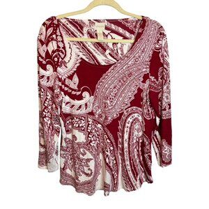 Chico's Blouse Women's Medium Paisley V-Neck Red Cream Chicos 1